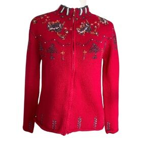 Vintage Villager Embroidered Embellished Sweater Red S